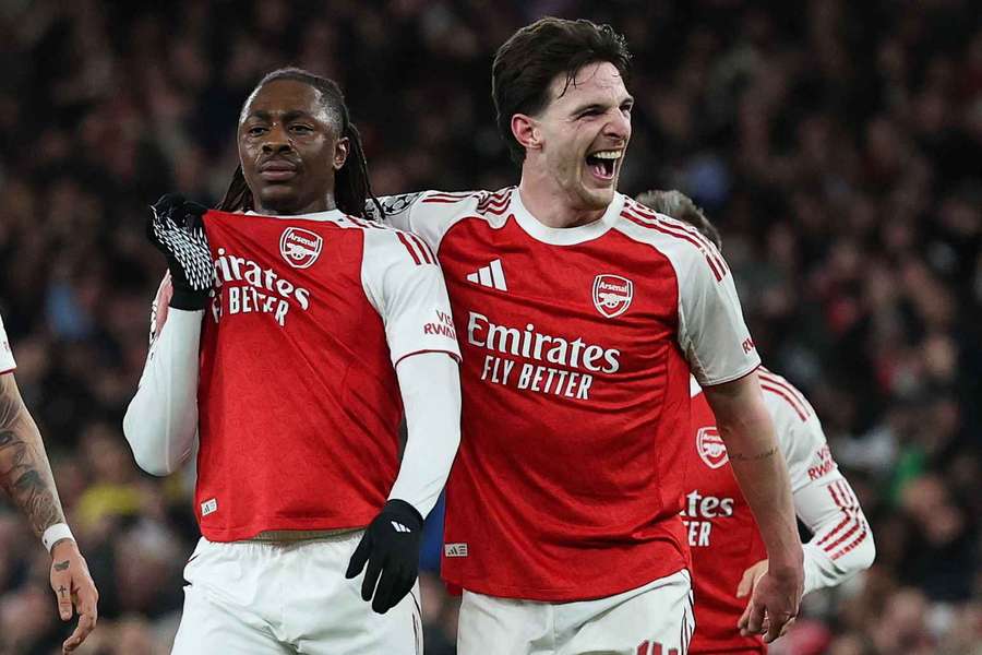 Arsenal's Eberechi Eze celebrates scoring their first goal with Declan Rice