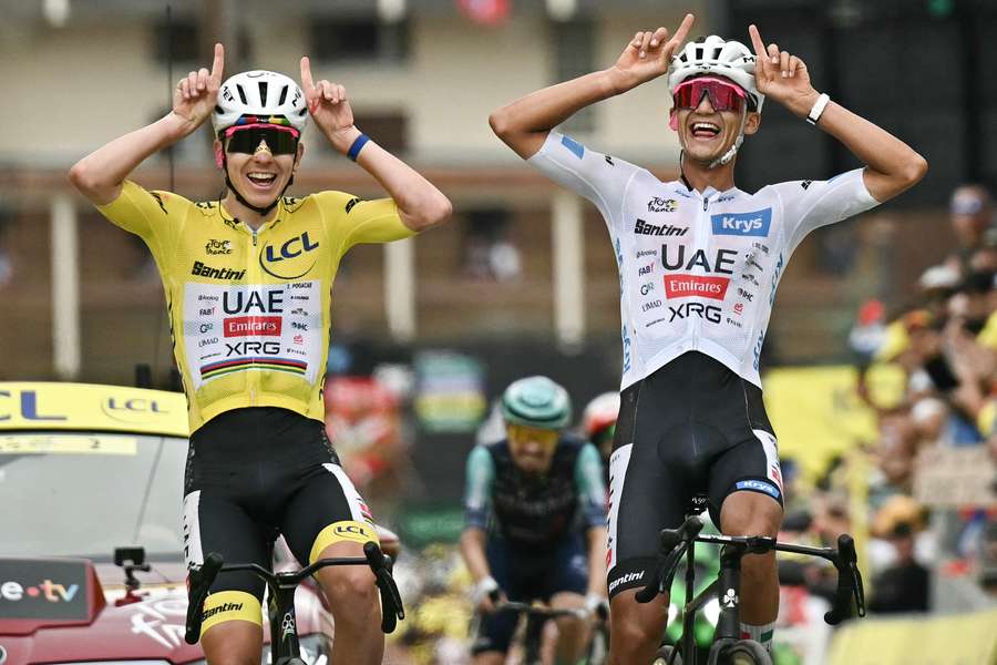 Tadej Pogacar (l) and Isaac Del Toro crossing the finish line of the 20th stage in this year's Tour de France Tadej Pogacar (l) and Isaac Del Toro crossing the finish line of the 20th stage in this year's Tour de France