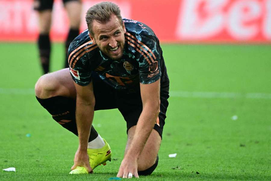 Bayern Munich's English forward #09 Harry Kane reacts 