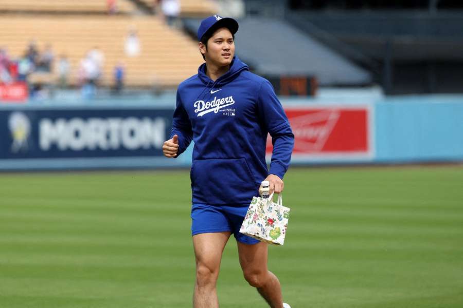 Ohtani on the field prior to the spring training game against the Los Angeles Angels at Dodger Stadium