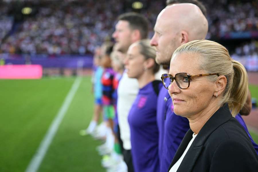 England's Dutch coach Sarina Wiegman looks on ahead of the UEFA Women's Euro 2025 quarter-final football match between Sweden and England 