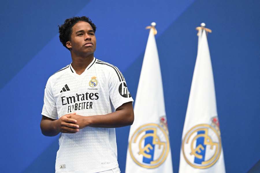 Brazilian forward Endrick Felipe looks on during his first appearance as new Real Madrid player