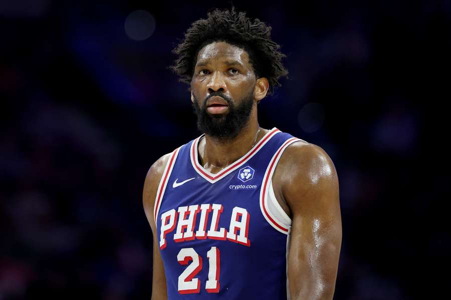 Joel Embiid looks on during a game (2026)