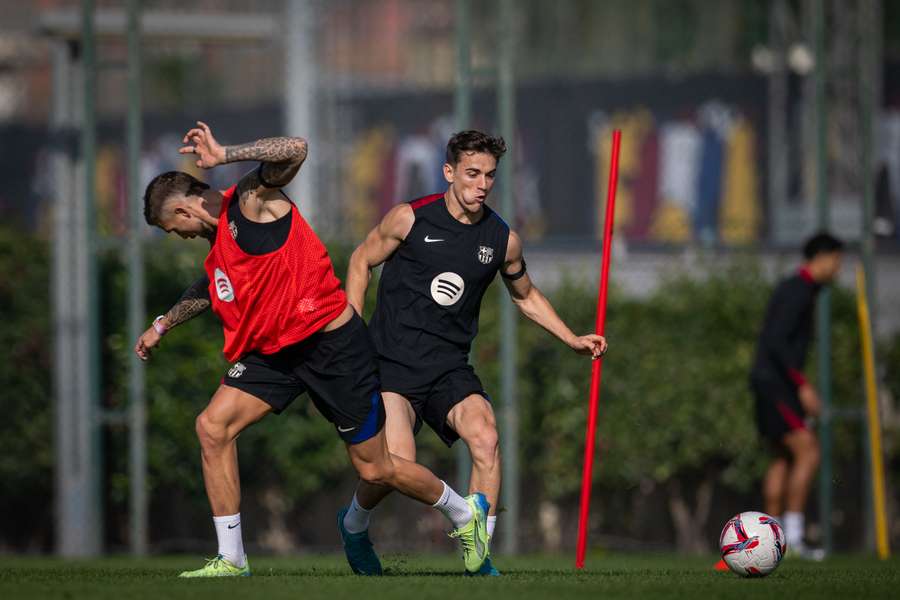 Gavi, durante un entrenamiento del Barcelona