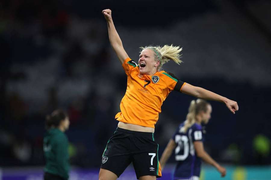 Caldwell celebrates winning the match to qualify for the 2023 FIFA Women's World Cup