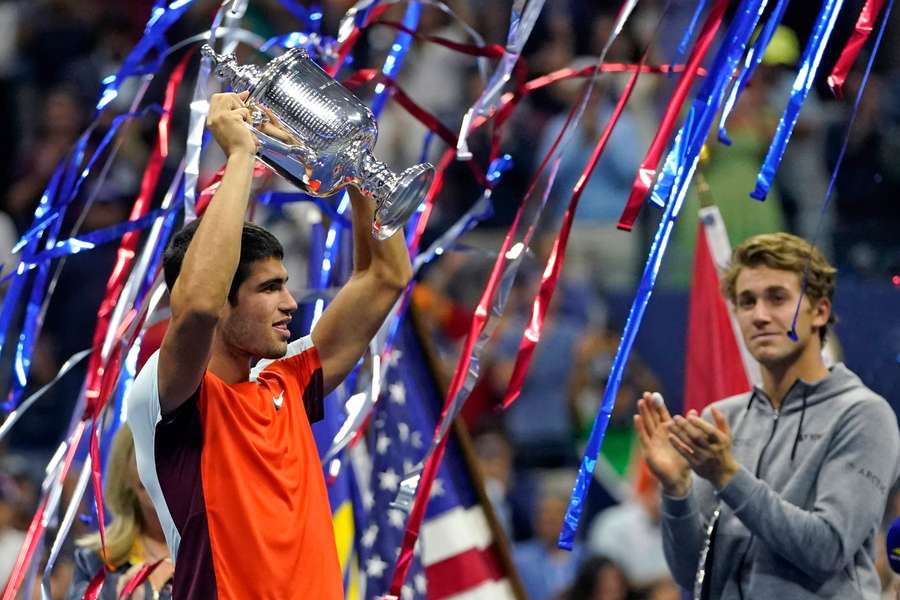 Carlos Alcaraz celebrates his US Open win