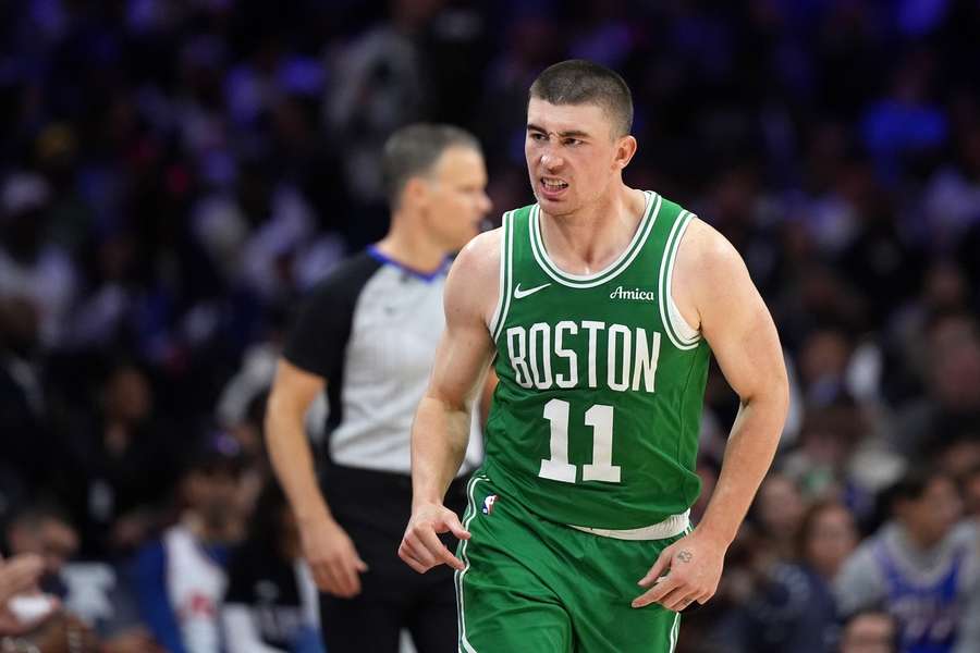 Payton Pritchard shows emotion after scoring against the Philadelphia 76ers in preseason Payton Pritchard shows emotion after scoring against the Philadelphia 76ers in preseason