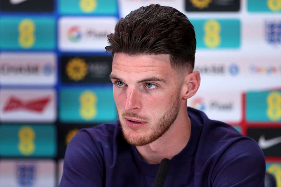 Declan Rice of England talks to the media during a press conference at Tottenham Hotspur Training Centre