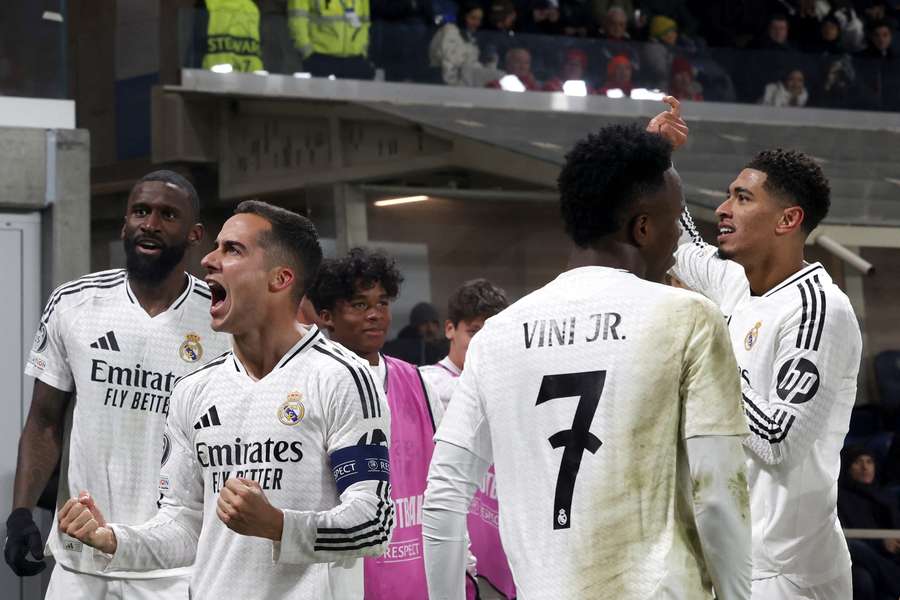 El Madrid celebra un gol en Bérgamo