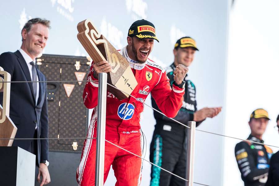 Lewis Hamilton on the podium after winning the Spanish Grand Prix