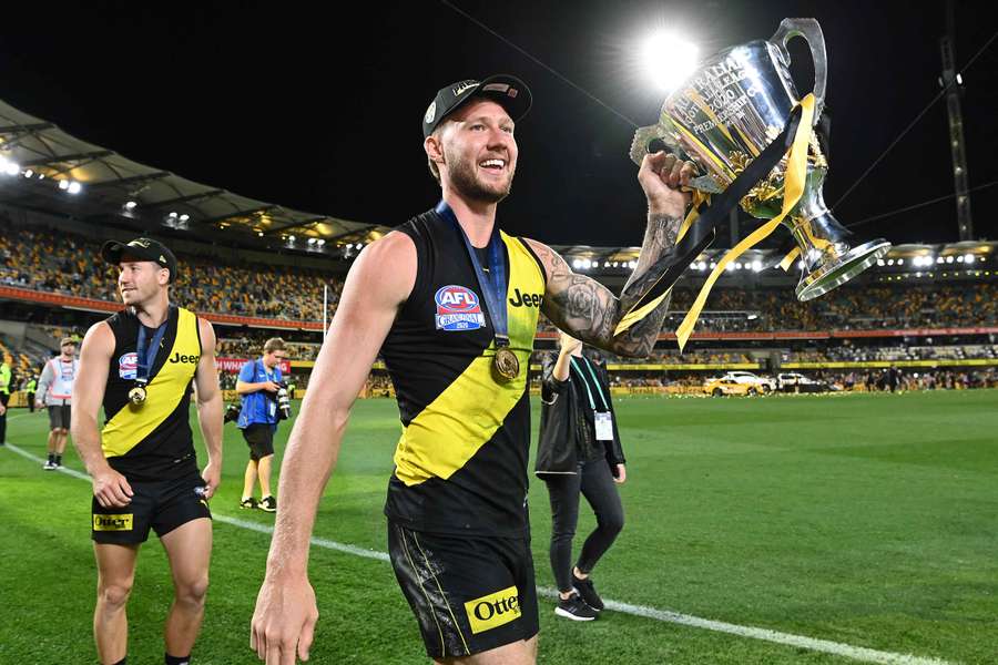 Richmond's Nathan Broad with the 2020 Premiership Cup in Brisbane.