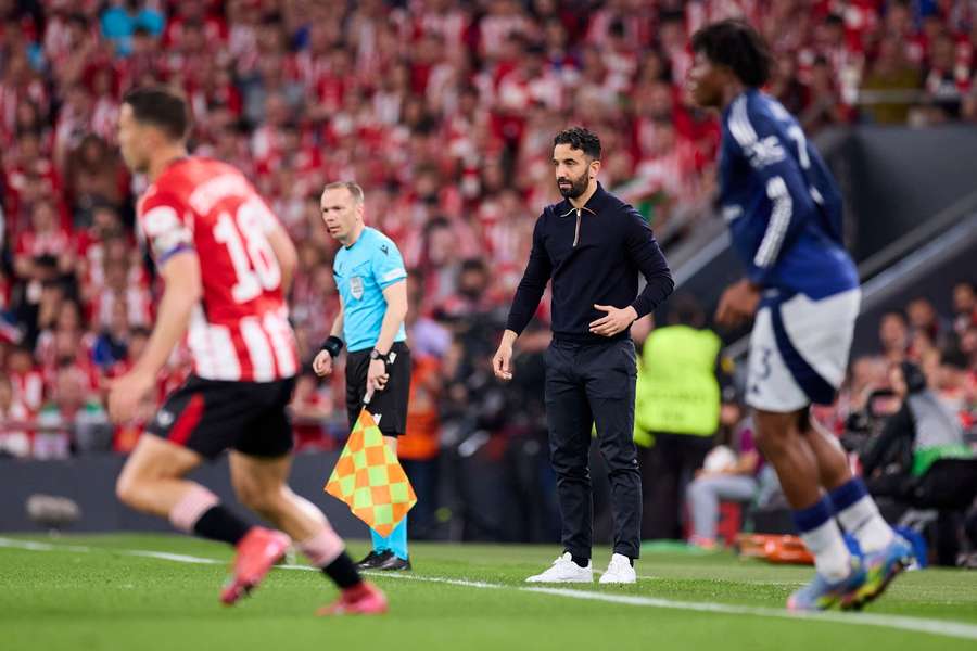 Men United Head Trainer Ruben Amorim Search During the semi-lega of the first leg of the UEFA Europa League against athletic club Men United Head Trainer Ruben Amorim Search During the semi-lega of the first leg of the UEFA Europa League against athletic club