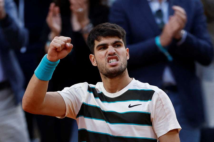Spain's Carlos Alcaraz reacts during his final match against Italy's Jannik Sinner Spain's Carlos Alcaraz reacts during his final match against Italy's Jannik Sinner