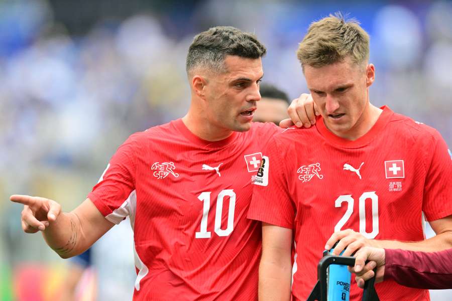 Granit Xhaka issues instructions to Michel Aebischer Granit Xhaka issues instructions to Michel Aebischer