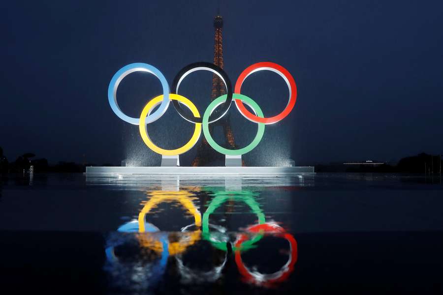The Olympic rings in Trocadero Square in Paris