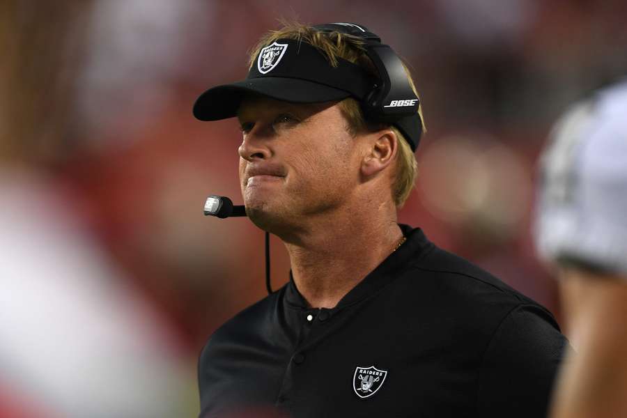 Jon Gruden reacting to a play during a game against the San Francisco 49ers. (2018)
