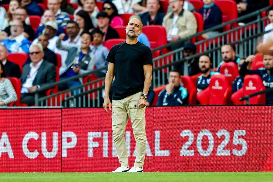 Pep Guardiola looks dejected during the 2025 FA Cup Final. Pep Guardiola looks dejected during the 2025 FA Cup Final.