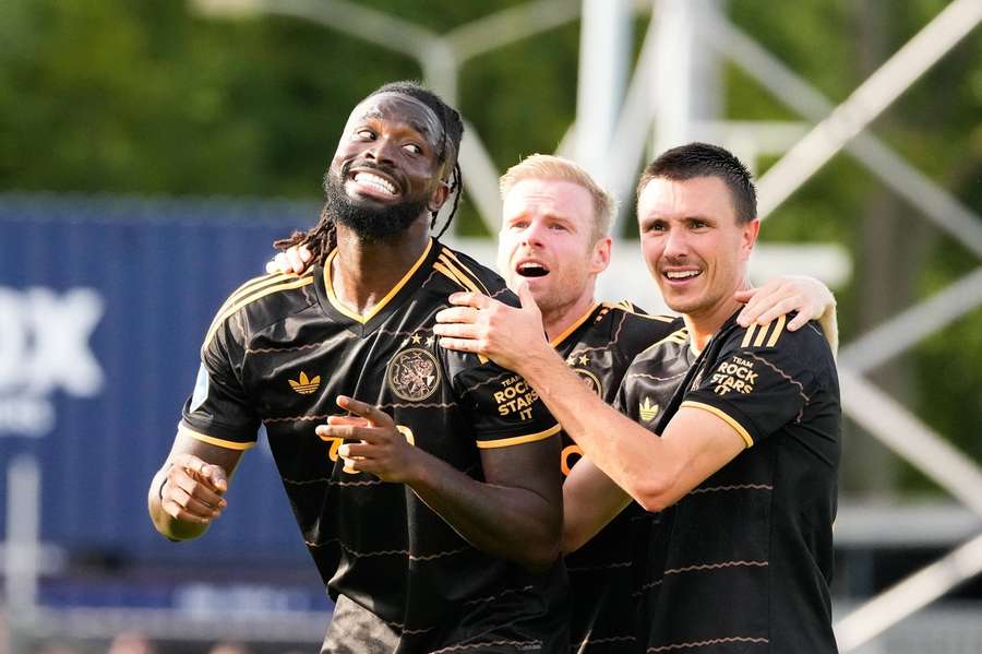 Ajax celebrate Tolu's (L) goal against Telstar