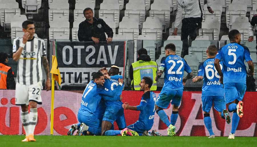 Napoli players celebrate after Giacomo Raspadori scored the only goal in the 1-0 win against Juventus that moved the southern side to the brink of their first Serie A title since 1990