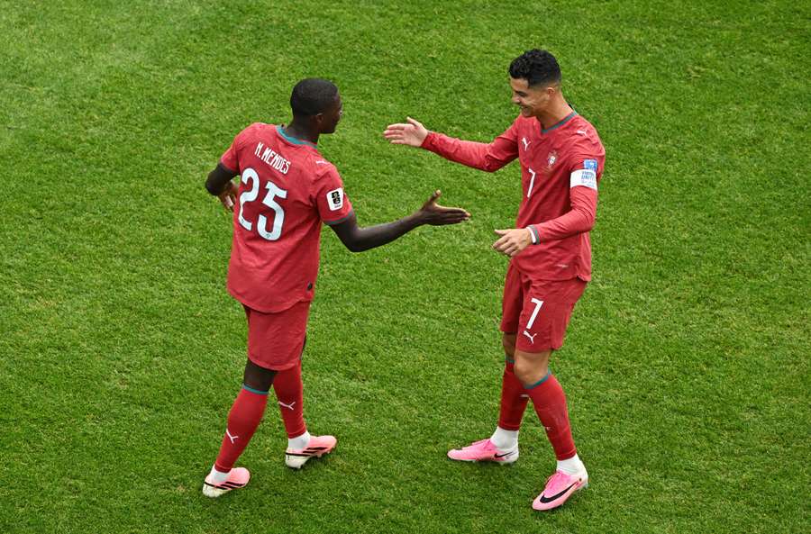 Nuno Mendes celebrates his goal with Ronaldo Nuno Mendes celebrates his goal with Ronaldo