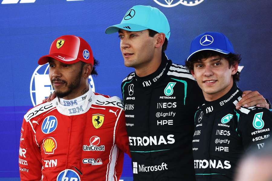 Kimi Antonelli (R) leads Lewis Hamilton and George Russell by over 100 points