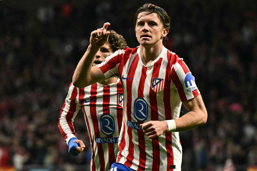 Atletico Madrid's English midfielder #04 Conor Gallagher celebrates scoring his team's second goal Atletico Madrid's English midfielder #04 Conor Gallagher celebrates scoring his team's second goal