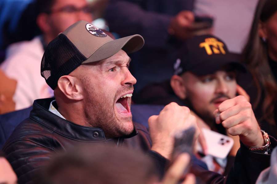 Tyson Fury reacts during the Misfits Cruiserweight fight between KSI (Olajide Olayinka Williams) and Tommy Fury