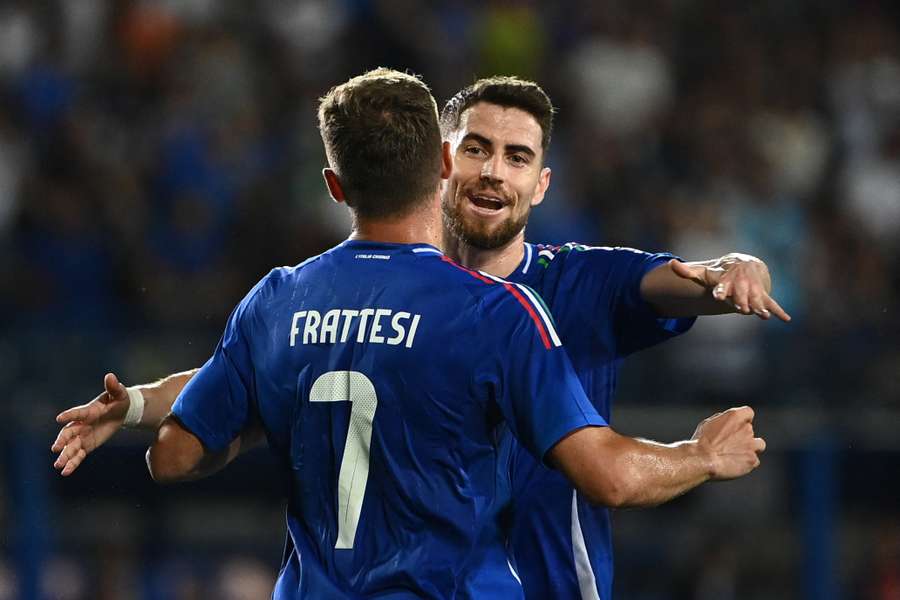 Davide Frattesi celebrates scoring with Jorginho