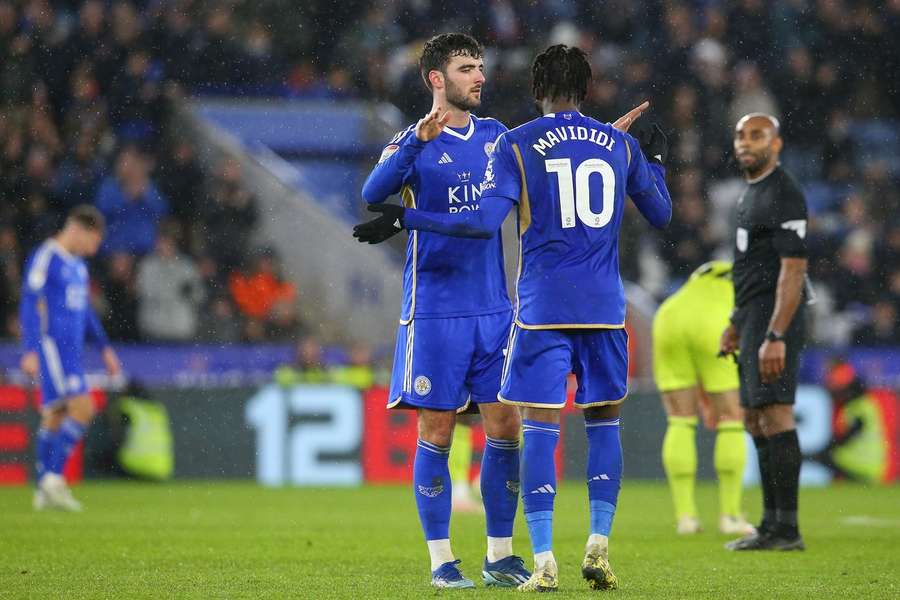 Leicester's Tom Cannon (L) and Stephy Mavididi celebrate their win