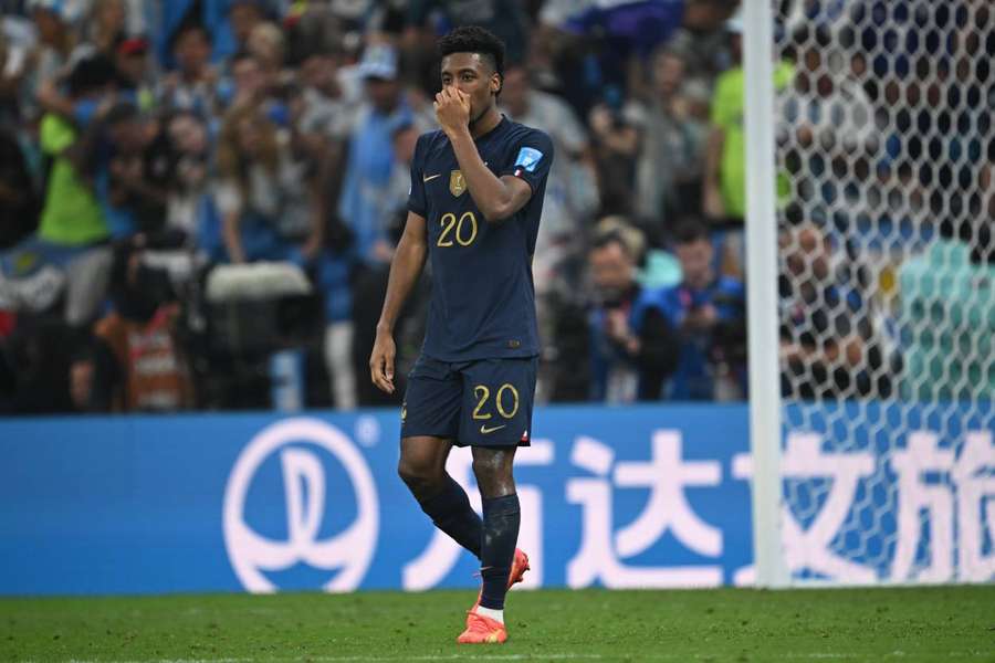 Kingsley Coman reacts after missing in the penalty shootout against Argentina.