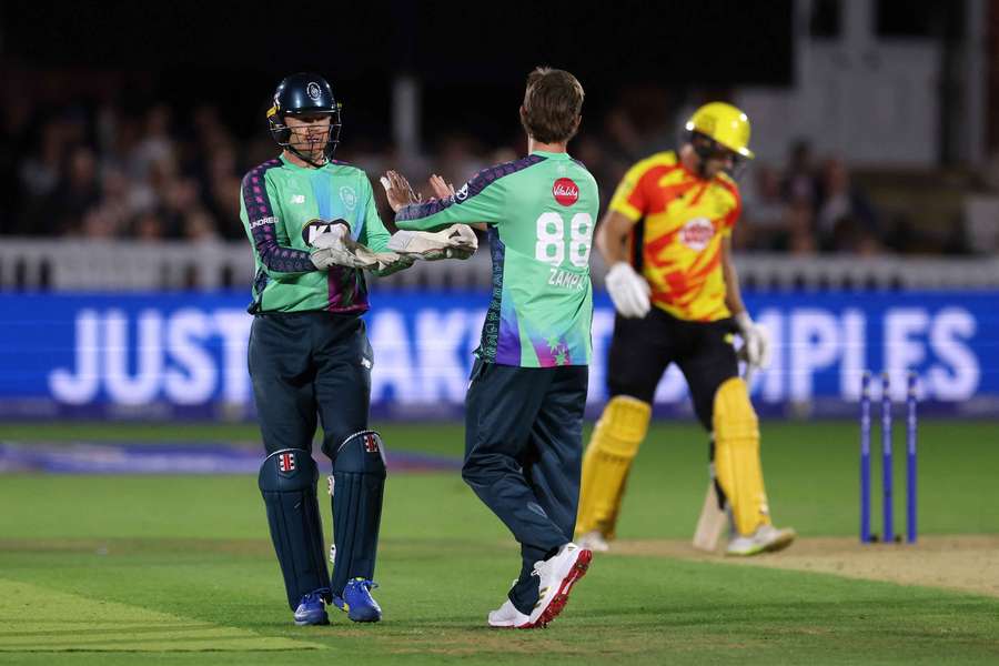 Adam Zampa celebrates his first dismissal (David Willey) of the 2025 Men's Hundred final.