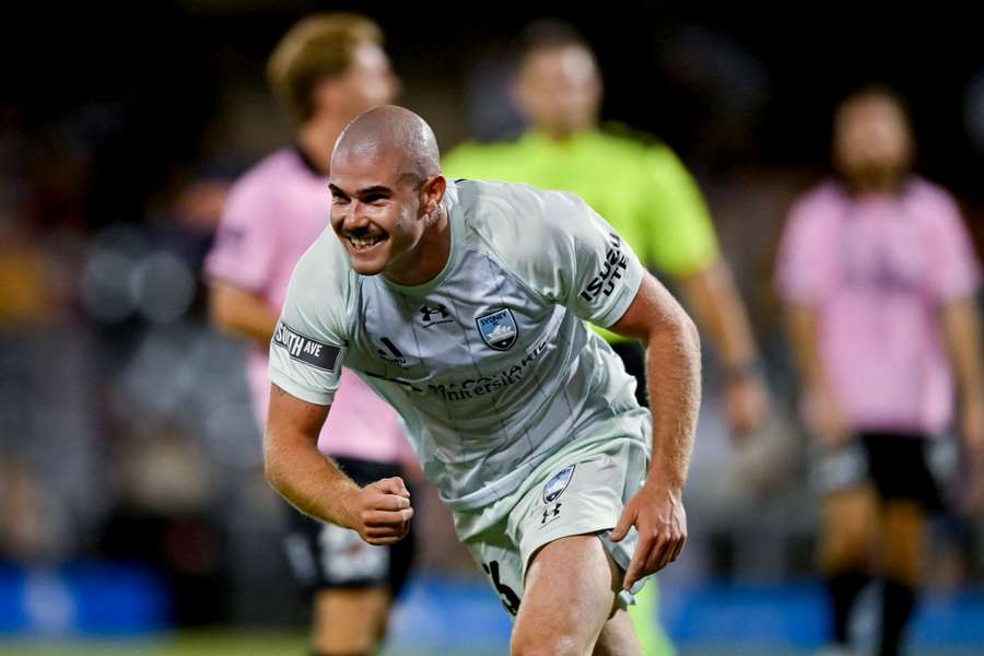 Sydney FC's Pat Wood celebrates his goal scored against Macarthur on Saturday night. Sydney FC's Pat Wood celebrates his goal scored against Macarthur on Saturday night.