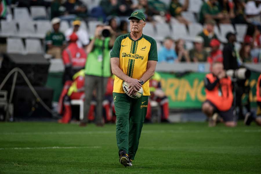 Rassie Erasmus looking on during warm-ups on Saturday evening. Rassie Erasmus looking on during warm-ups on Saturday evening.
