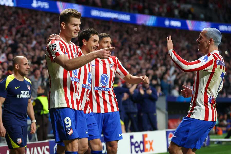 Atletico Madrid's Norwegian forward Alexander Sorloth celebrates scoring his team's fourth goal, and his hat-trick