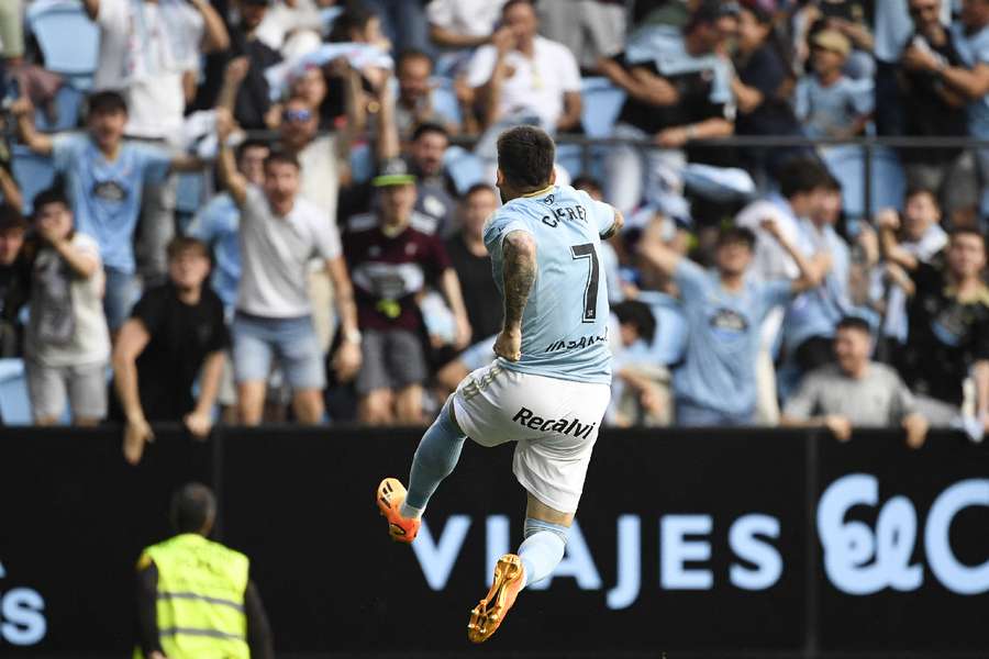 Carles Perez celebrates scoring for Celta Vigo