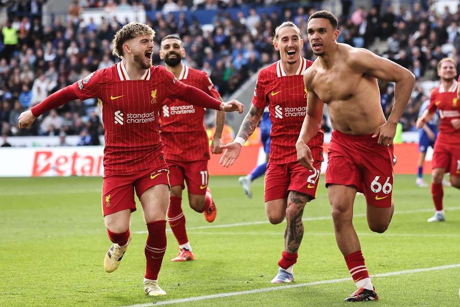 Liverpool's Trent Alexander-Arnold celebrates his goal to make it 0-1 during the Premier League match against Leicester City Liverpool's Trent Alexander-Arnold celebrates his goal to make it 0-1 during the Premier League match against Leicester City