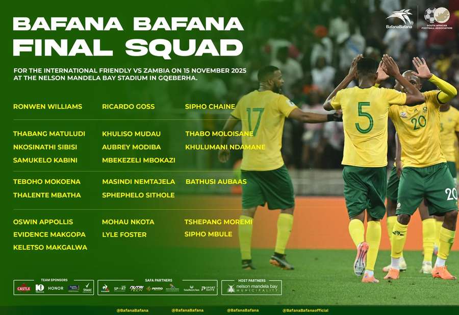 Bafana Bafana squad to play Zambia on November 15. Bafana Bafana squad to play Zambia on November 15.