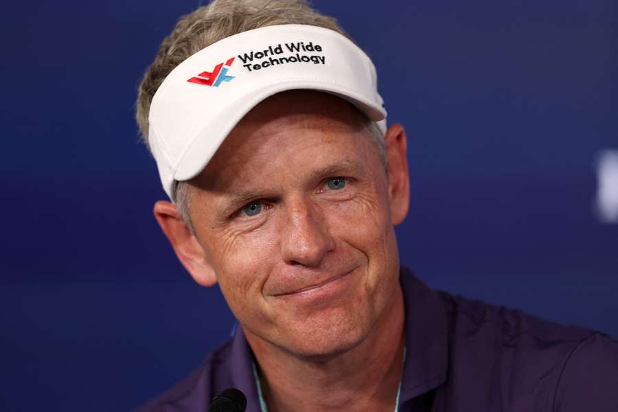 Europe Ryder Cup captain Luke Donald talks with reporters during a press conference prior to the 107th PGA Championship at Quail Hollow