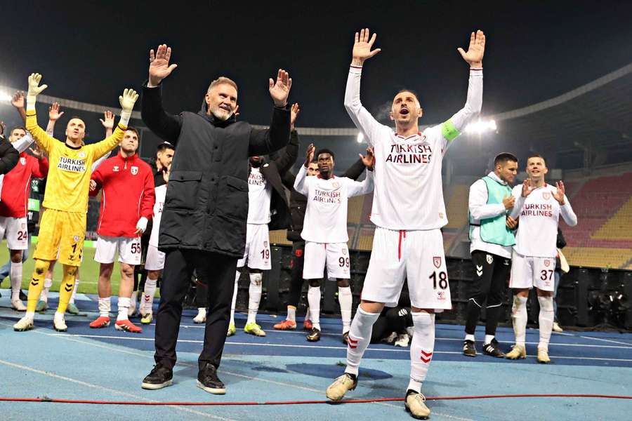 Samsunspor salute their fans after their win against Shkendija in the UEFA Conference League.