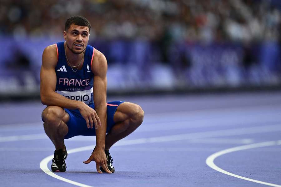 Wilfried Happio reacts after competing in the men's 400m hurdles semi-final at the Paris 2024 Olympic Games