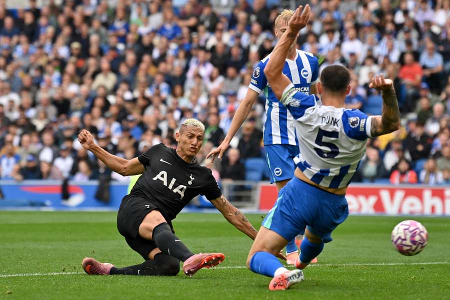 Tottenham Hotspur's Brazilian striker #09 Richarlison scores the team's first goal