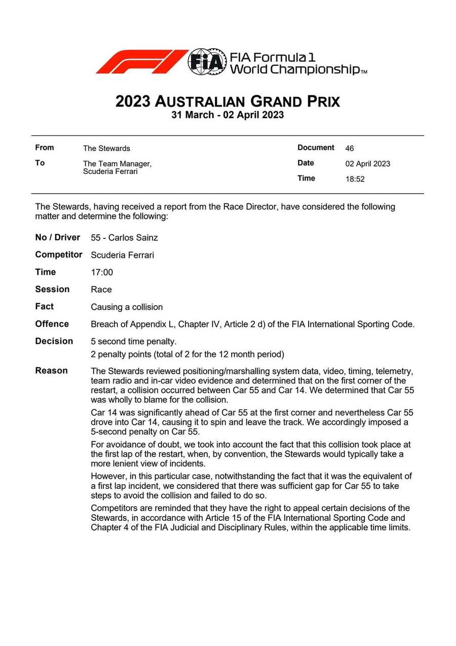 A punição dos comissários a Carlos Sainz A punição dos comissários a Carlos Sainz