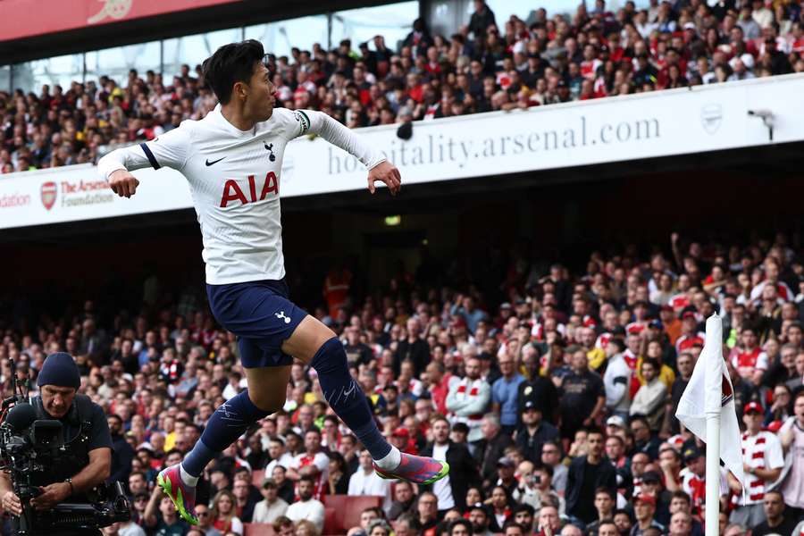 Tottenham Hotspur's South Korean striker #07 Son Heung-Min celebrates after scoring their first goal