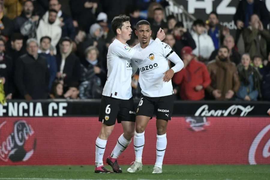 Valencia's Brazilian forward Samuel Lino (R) has become a key figure for Los Che as they battle for La Liga survival