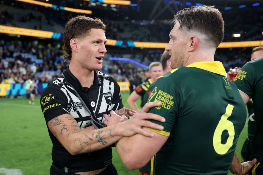 Kalyn Ponga and Cameron Munster embrace after the thrilling World Cup game between Australia and New Zealand. Kalyn Ponga and Cameron Munster embrace after the thrilling World Cup game between Australia and New Zealand.