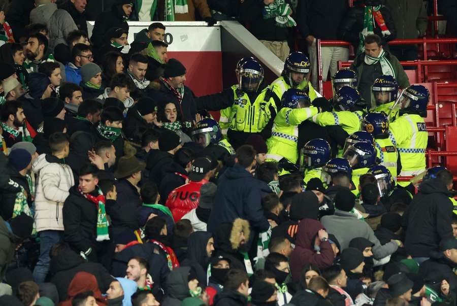 Real Betis fans clash with police at Old Trafford on Thursday