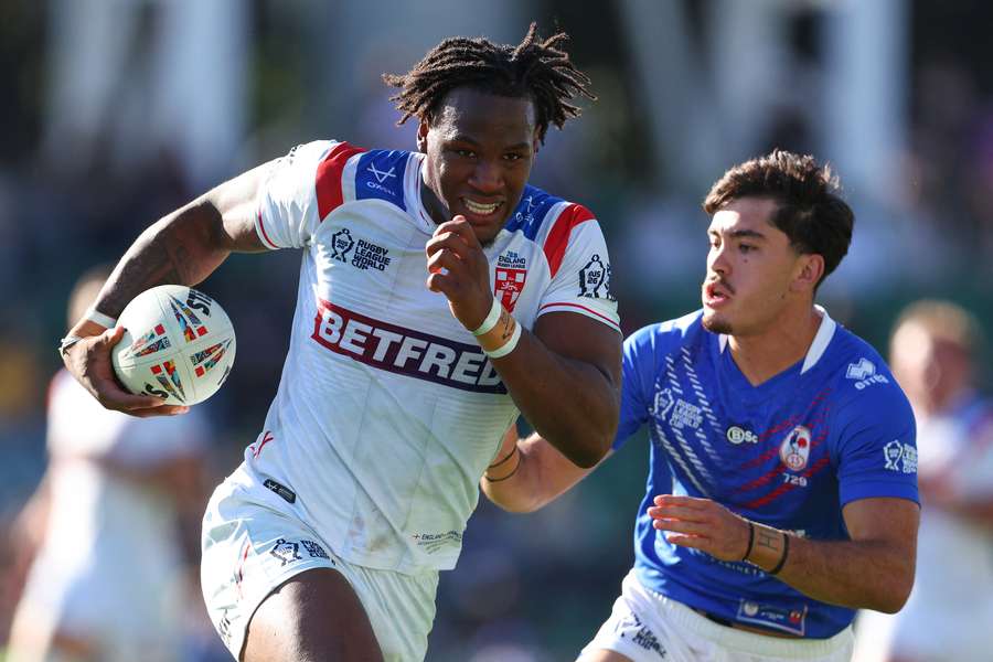 England's Junior Nsemba charging in the World Cup win over France. England's Junior Nsemba charging in the World Cup win over France.