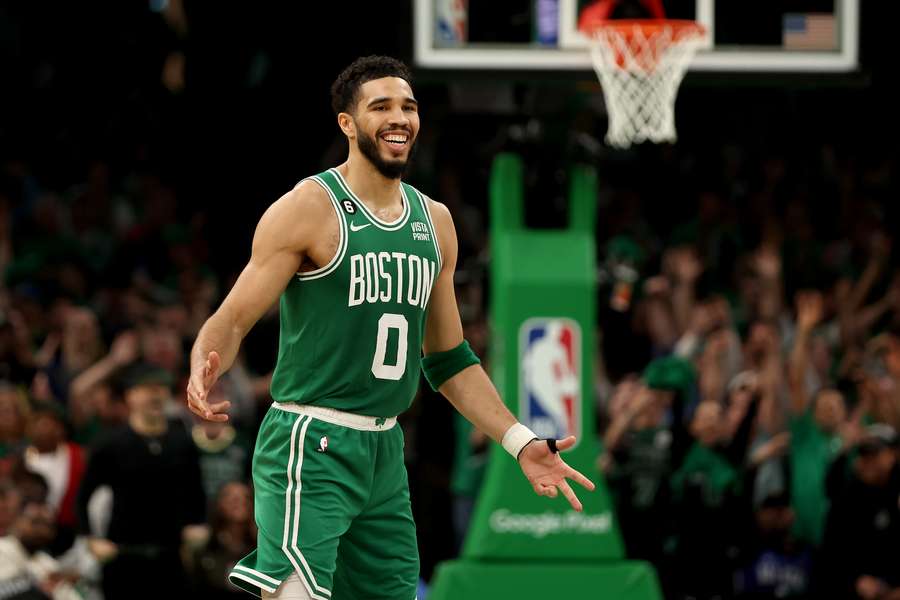 Jayson Tatum of the Boston Celtics celebrates a basket