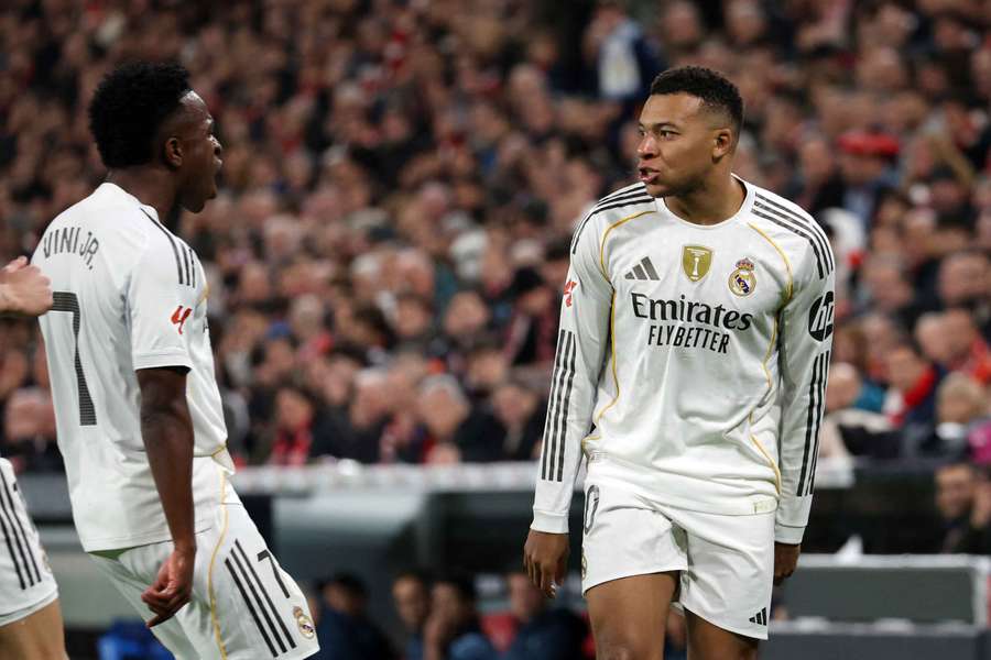 Real Madrid's Kylian Mbappe celebrates scoring a goal with Vinicius Junior Real Madrid's Kylian Mbappe celebrates scoring a goal with Vinicius Junior