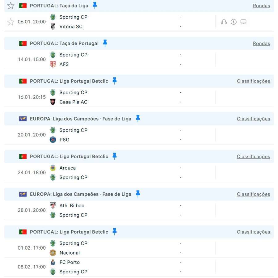 Os próximos jogos do Sporting